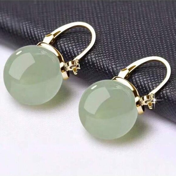 Green Jade Ball Drop Earrings - Picture 3 of 4